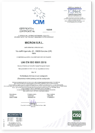 Certificado ISO 9001 Micron srl
